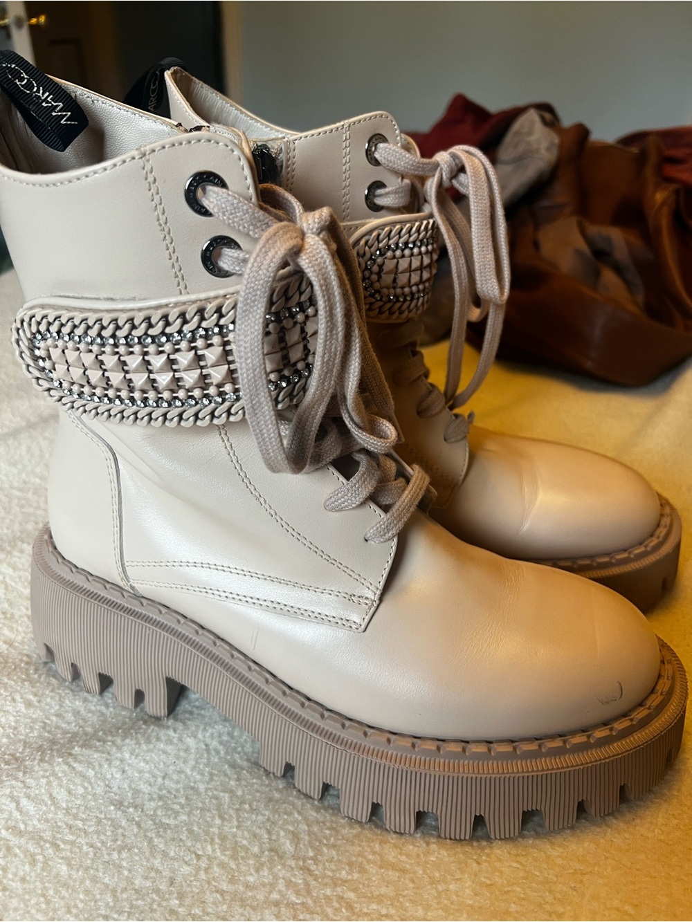 Marc Cain Cream Lace-Up Combat Boots with Chain Detail